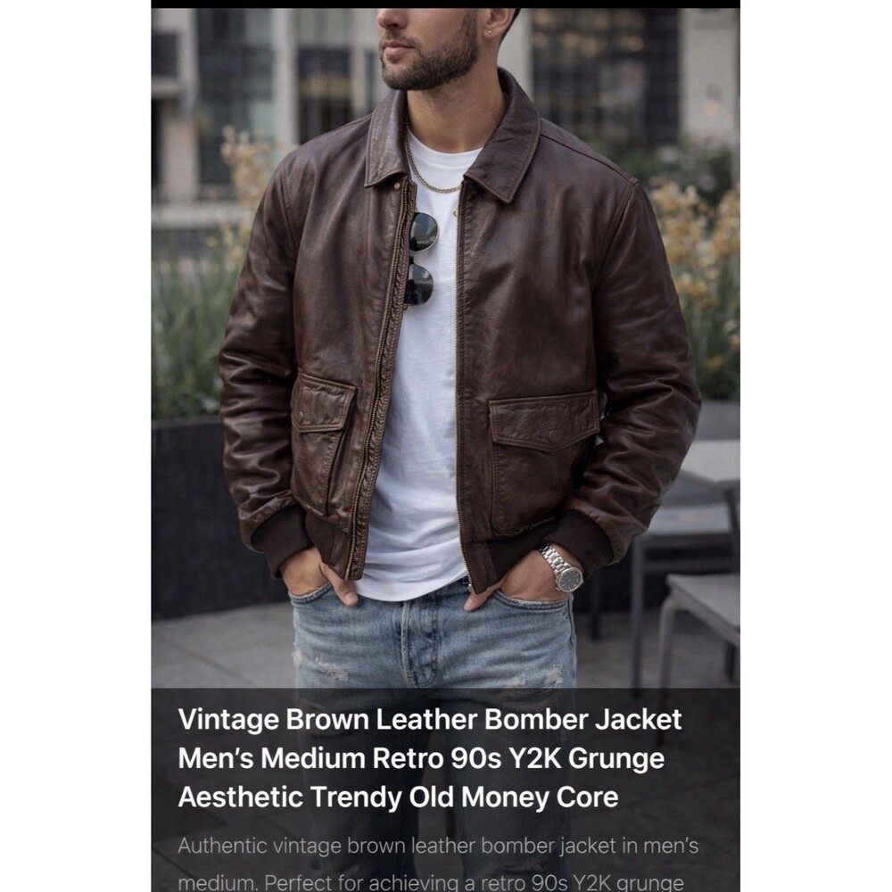 Vintage Brown Leather Bomber Jacket Mens Large 90s Y2K Grunge Retro Flight USA